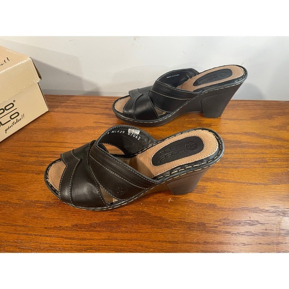 Lobo Solo Rubi Black Leather Wedge Heel Open Toe Mule Sandals 9‎ Slip On Comfort - Picture 3 of 13